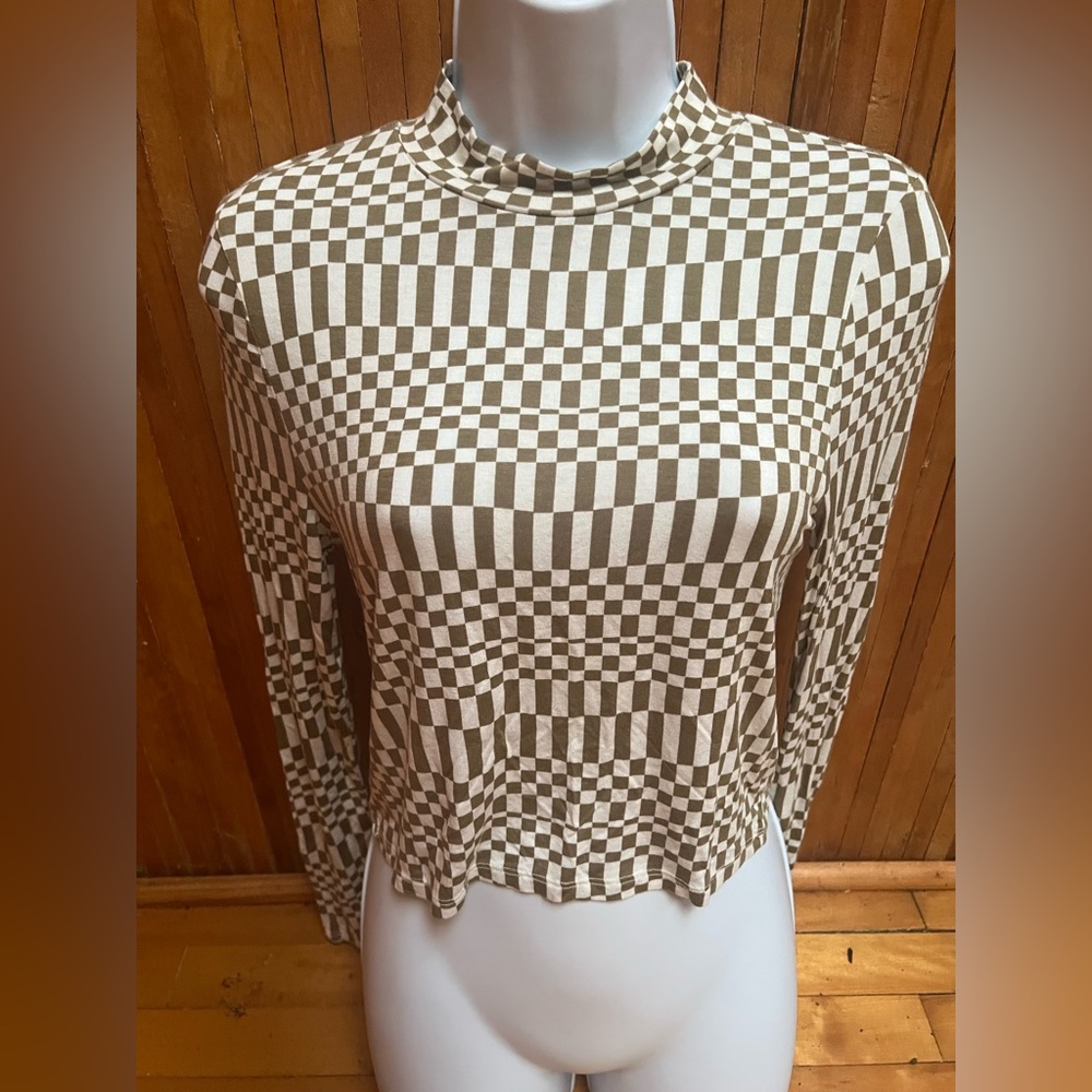 Stylish Checkered Mock Neck Blouse - Olive and White